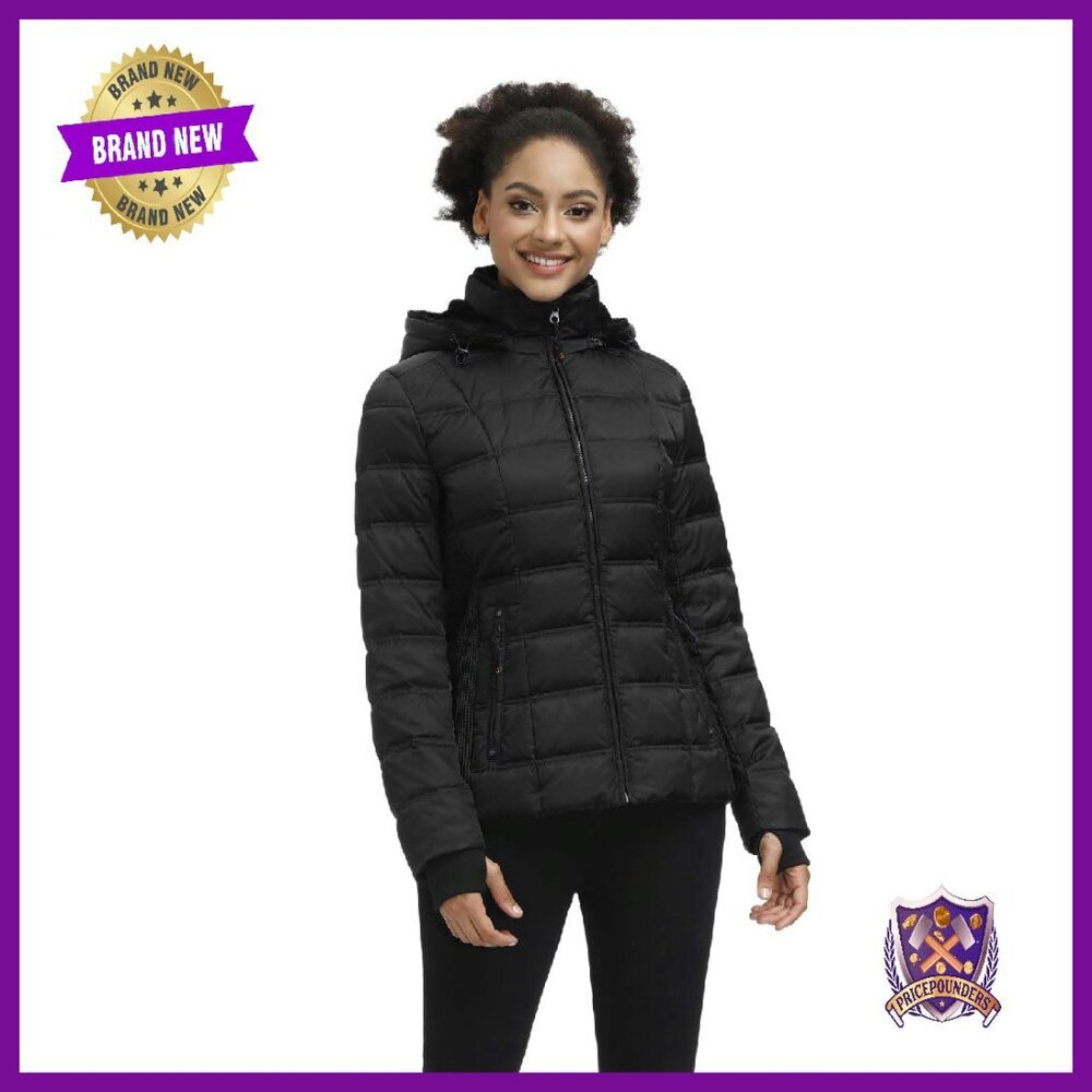 Women's Down Puffer Jacket with Hood, Thumb Holes, Fleece Lined Pockets